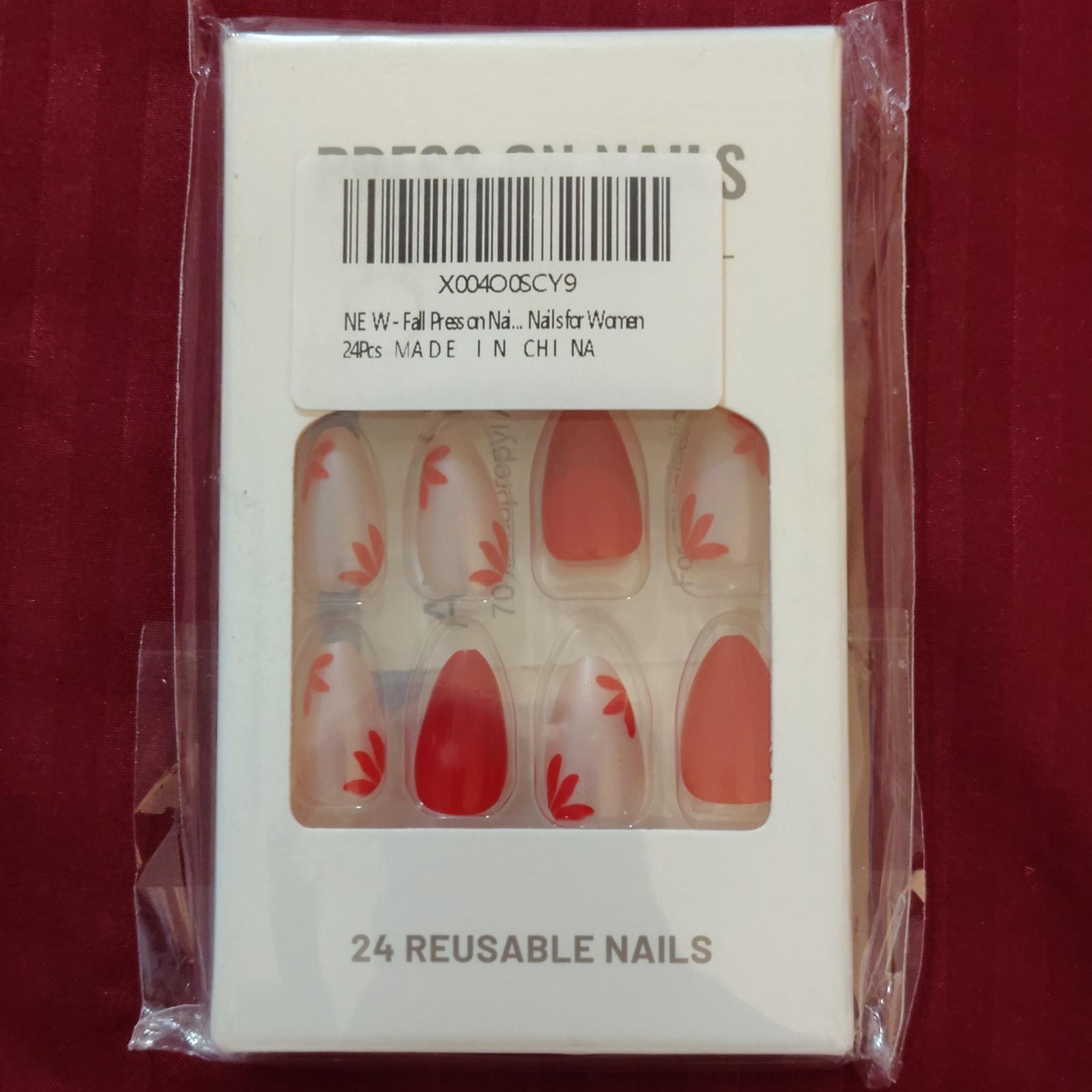 Press-On Nails 24pc Reusable Full Cover Almond Medium Red Orange Leaf Design