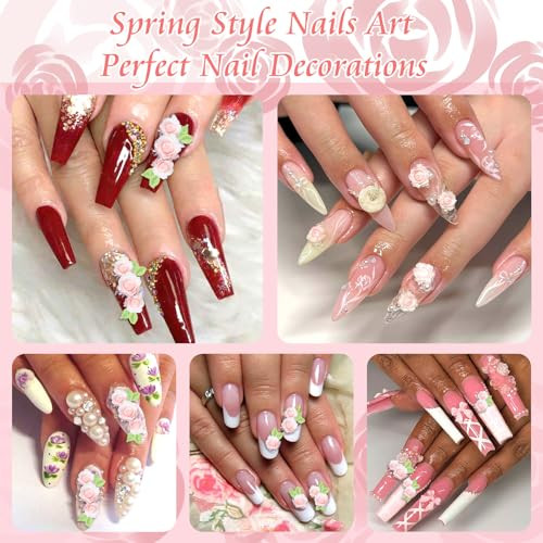 300PCS Flower Nail Charms Pink 3D Roses Flower Charms for Nail Design Green