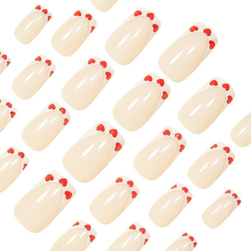 48PCS short square bare red heart-shaped French pointed nail press, reusable