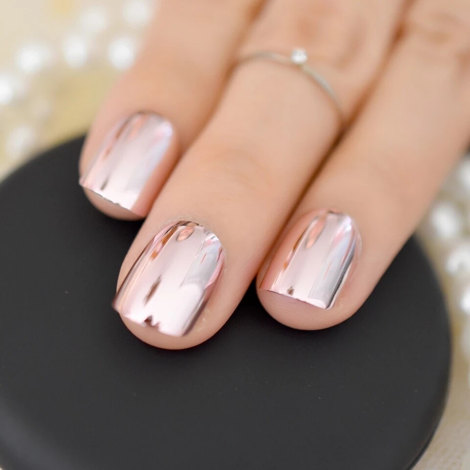 Light Pink Chrome Press On Nails Short Mirror Silver metallic GLUE ON