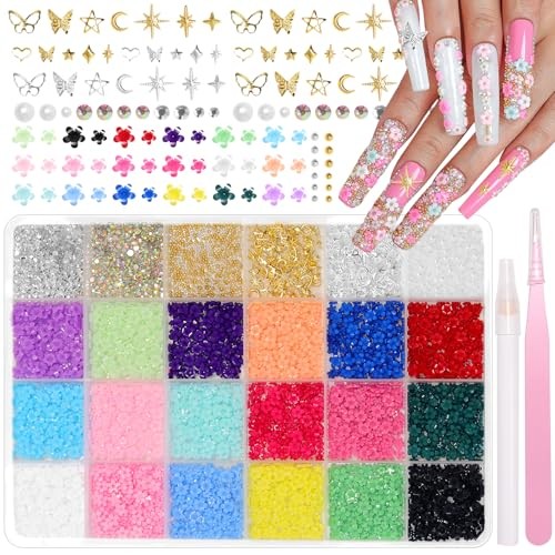 Mini Flowers Nail Charms Kit, Assorted 3D Nail Charms and Gems, Mixed S3-color