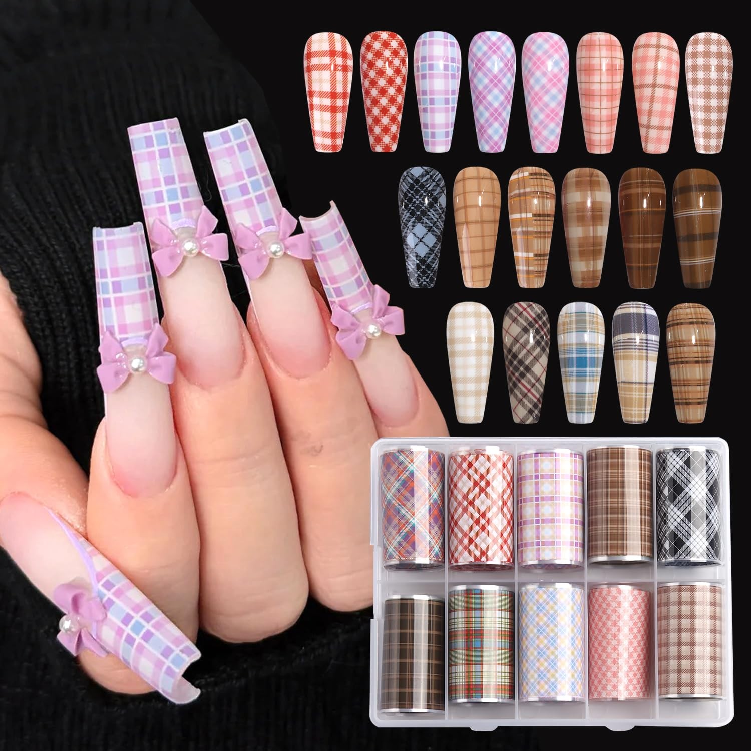 10 Rolls Plaid Nail Art Foil Transfer Sticker Colorful Checkered Pattern | Ho…