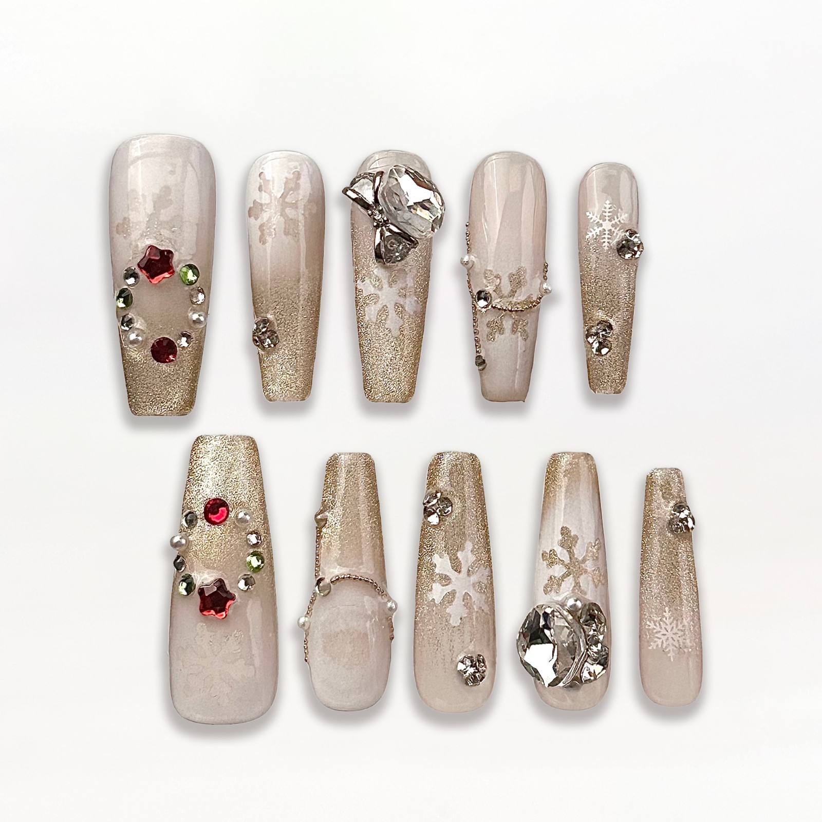 Gold Snowflake Press On Nails Long Coffin Rhinestone Christmas Nail Set