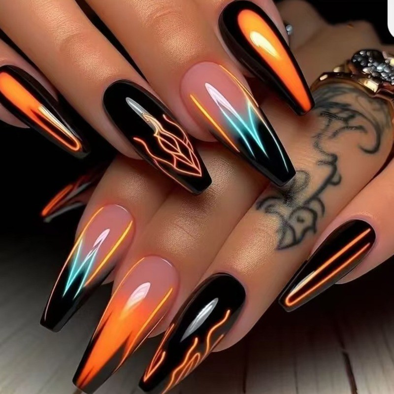 48pcs-Neon Flame Fake Nails, Glossy Black Stiletto with Orange Gradient Accents