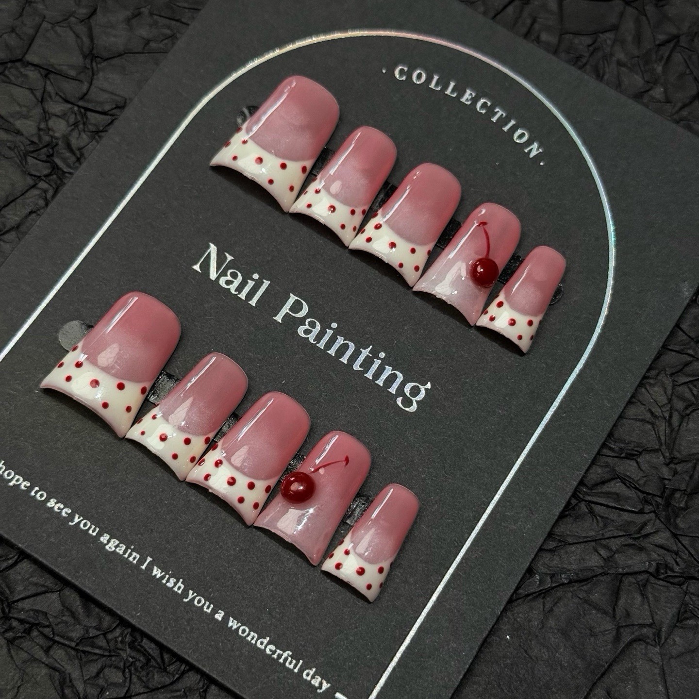 LumeE01, Cherry French Tip Duckbill Press On Nails, Gradient, Ombre, Handmade