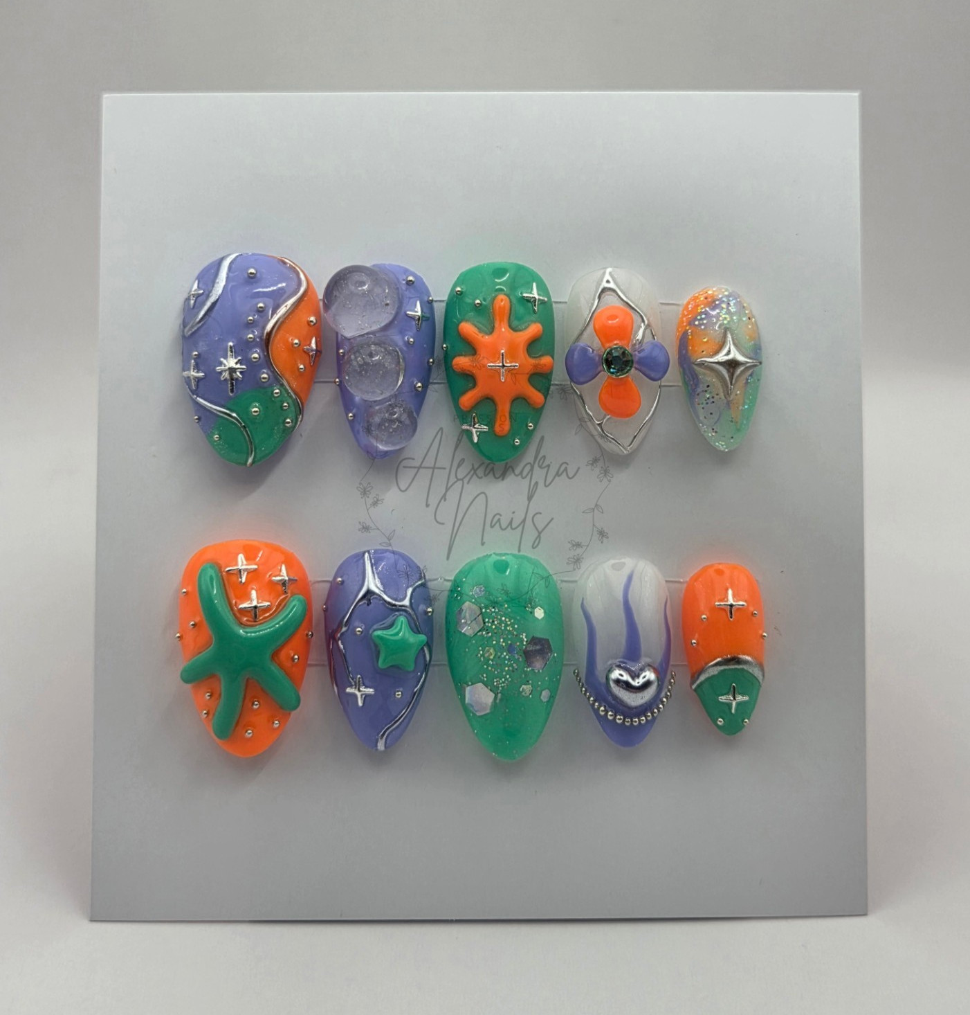 Electric Carnival Press On Nails Medium Almond Handmade Teal Purple Orange Gel