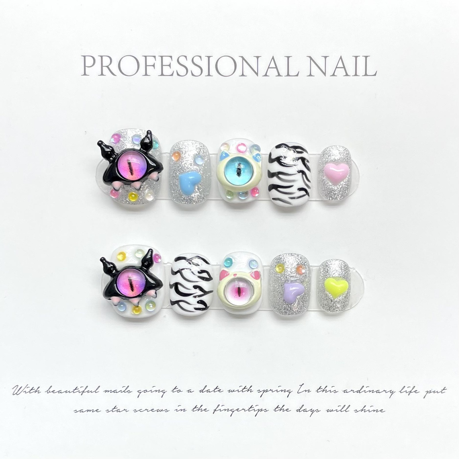 10pcs Cute Handmade Fake Nail Tips Small Monster False Nails with Bow Stars Patt