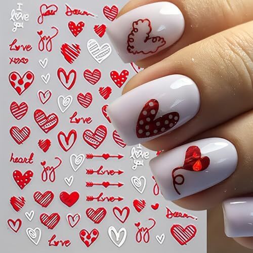 8Pcs Valentines Day Nail Art Stickers Decal Red Heart Nail Sticker 3D Self