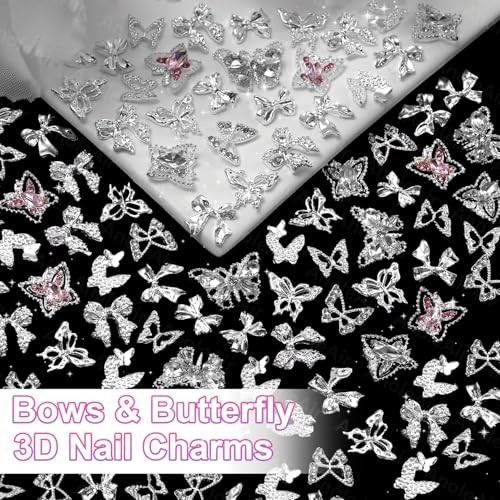 80 Pcs Silver Butterfly Nail Charms and Gems, 3D Pink Color Butterfly COLOR-S2