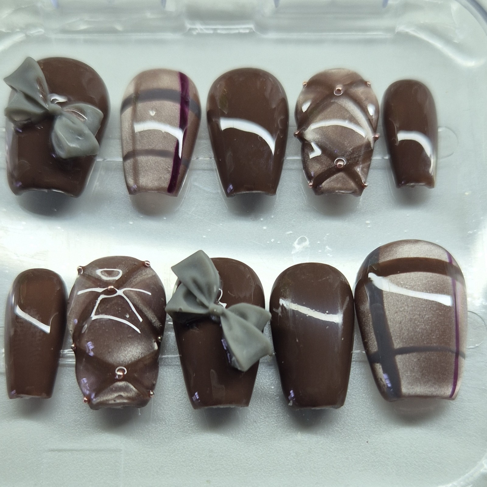 Brown Gray 3D Bow Square Oval Press-On Nails Set Pre-Designed Full Cover