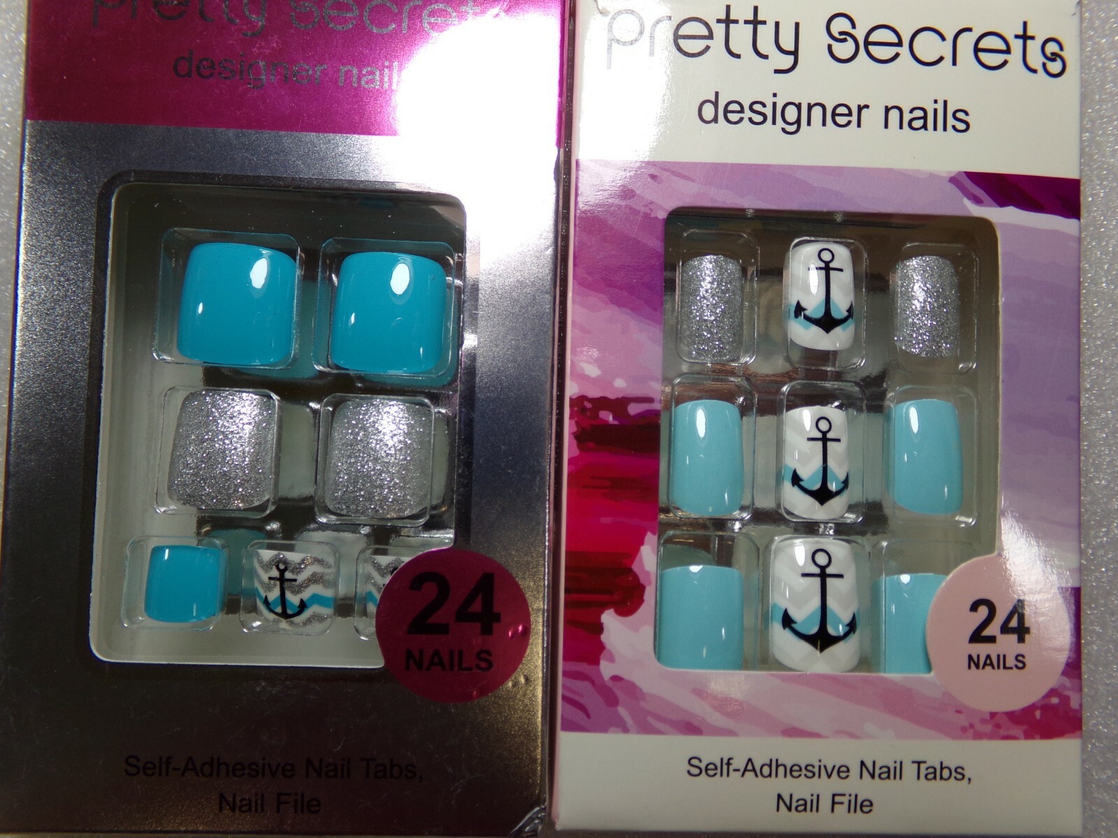 Set Finger & Toe Pretty Secrets Navy Anchors Sailor Aqua Blue Glue on Nail Short