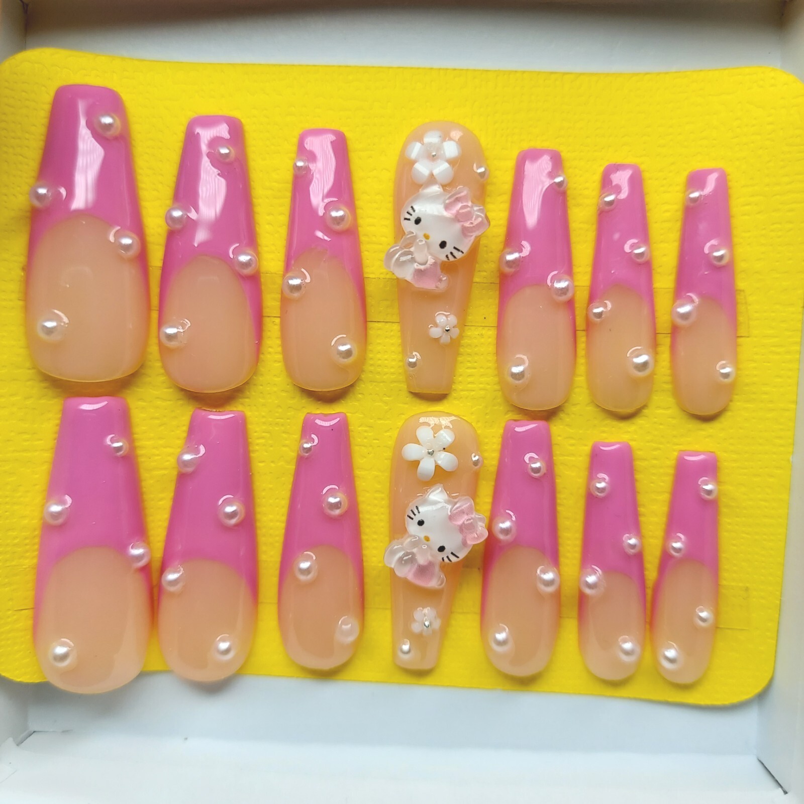 Kawaii Pink Hello Kitty Nails Pink French Nails Pearl Nails Pink Cat Nails
