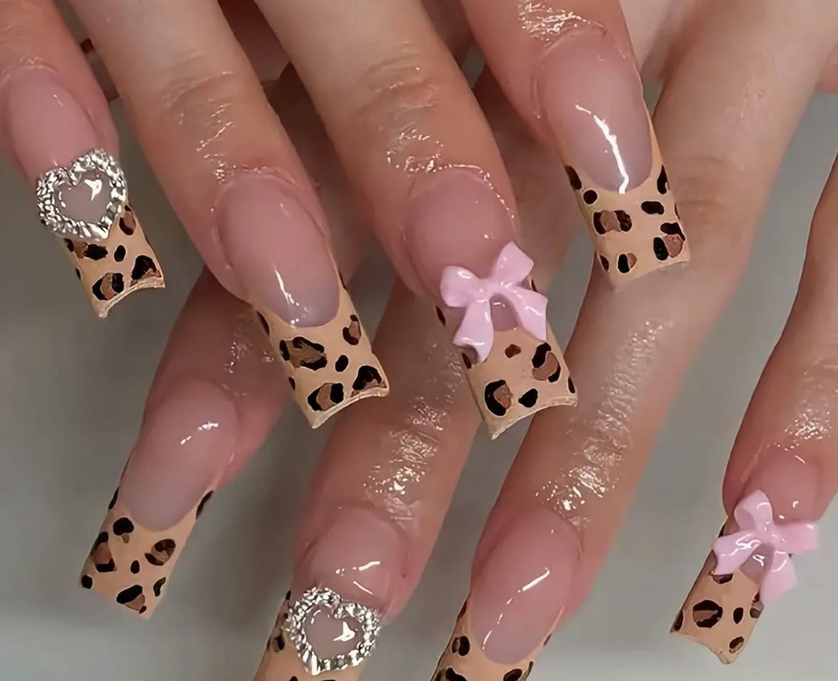 Long Square Shiny Leopard Print Press-On Nails Full Cover Pre-Designed Pink
