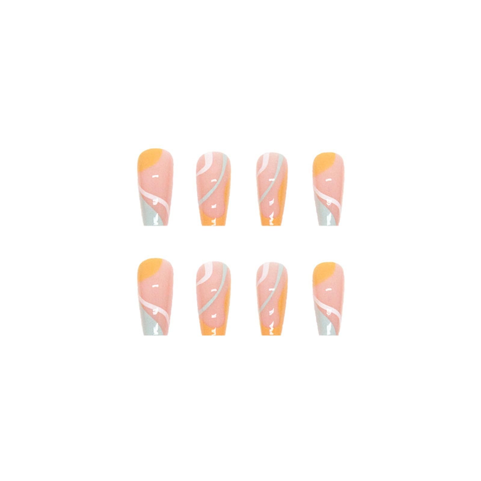 Long Press On Nails, Medium Length French Nails, Square Multi-Color Ripple Fa…