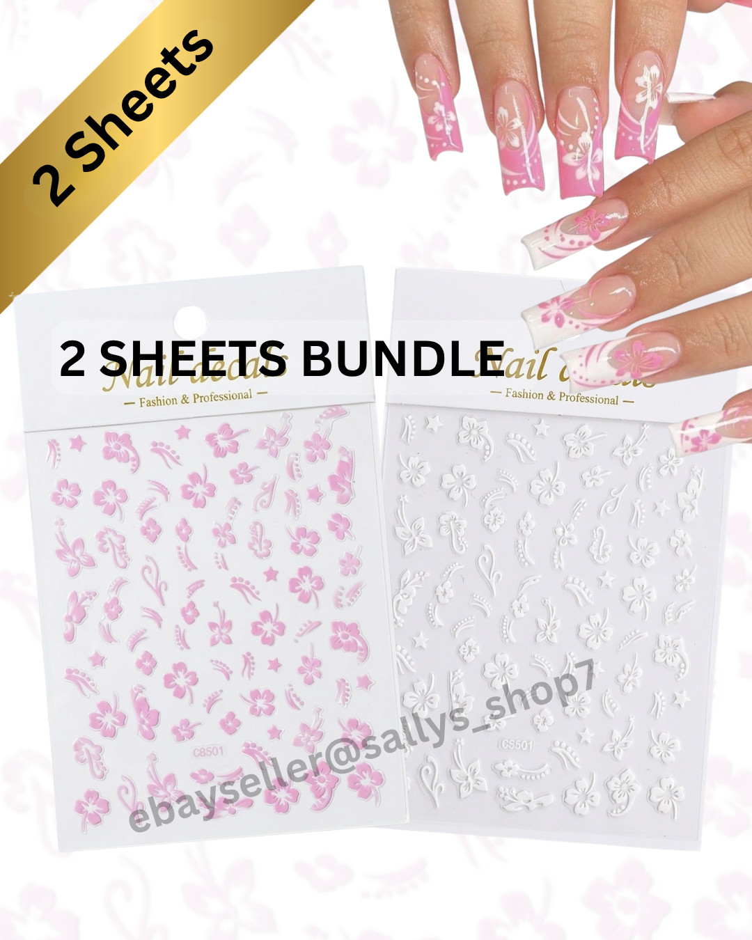 Hibiscus Nail Art Decals Tropical Flower Summer DIY Manicure Sticker Pink Gold