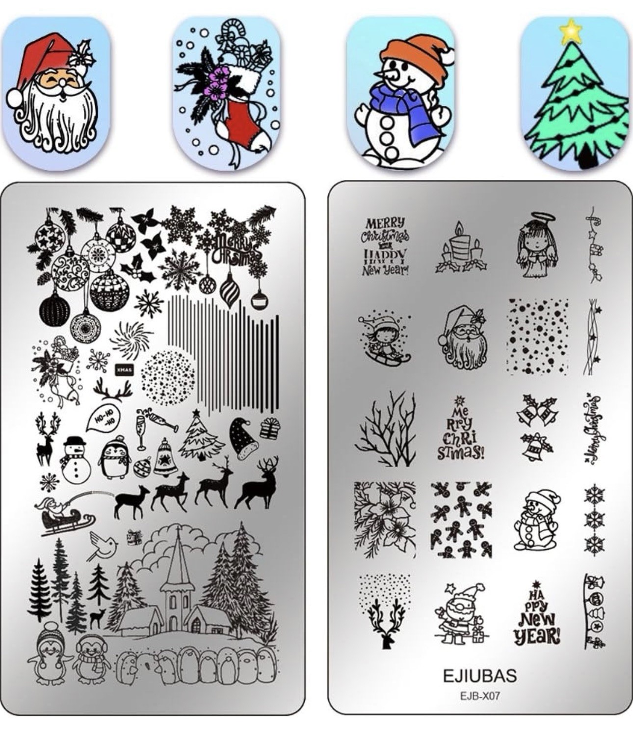 Ejiubas EJB-X07 EJB-X08 Christmas Halloween Double Sided Nail Stamping Plates