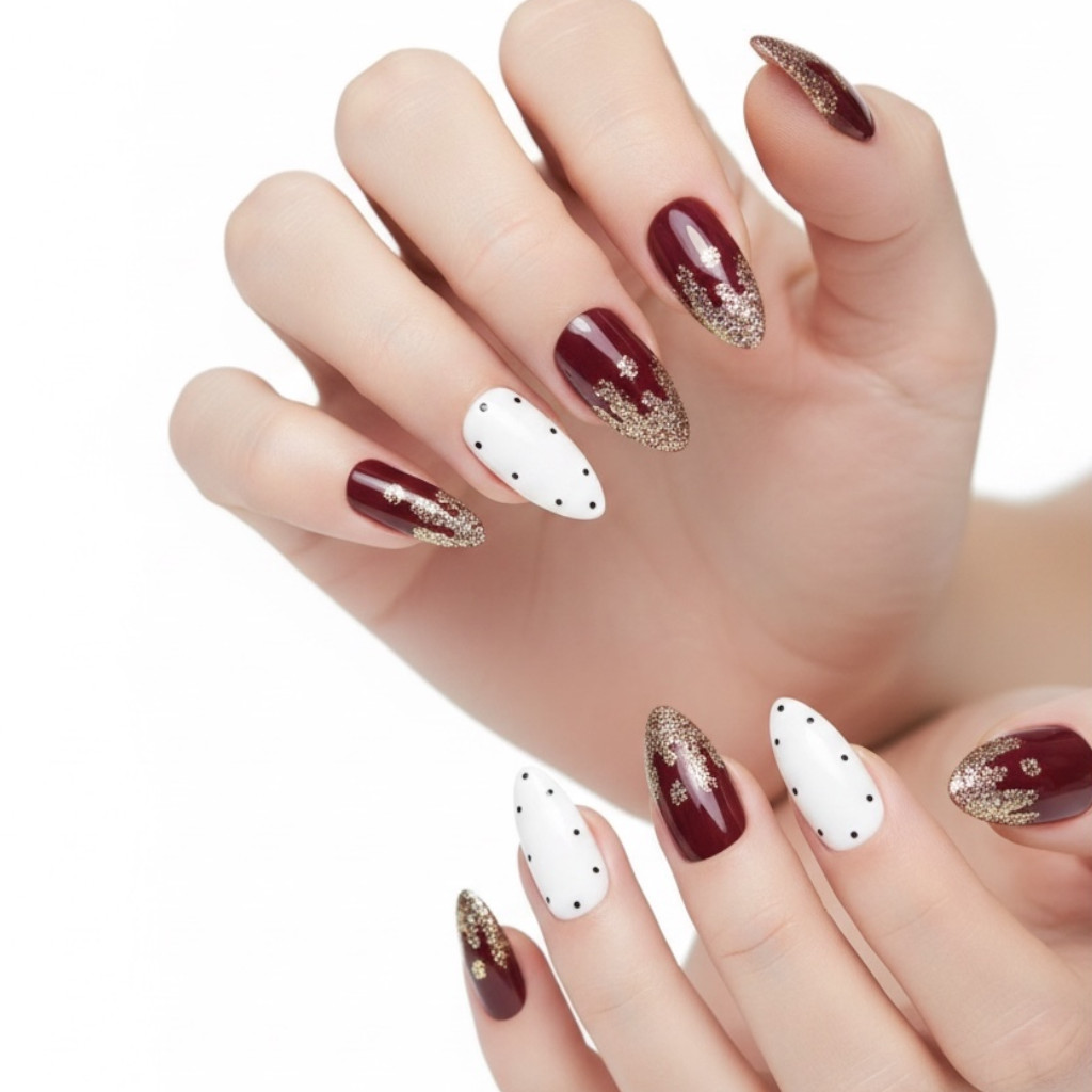 Red Burgundy White Almond Stiletto Long Fake Acrylic False Tips Press On Nails