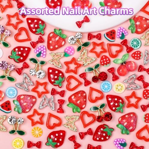 Fruit Cherry Butterfly Nail Charms Gems, Gold Silver Cherries Butterflies