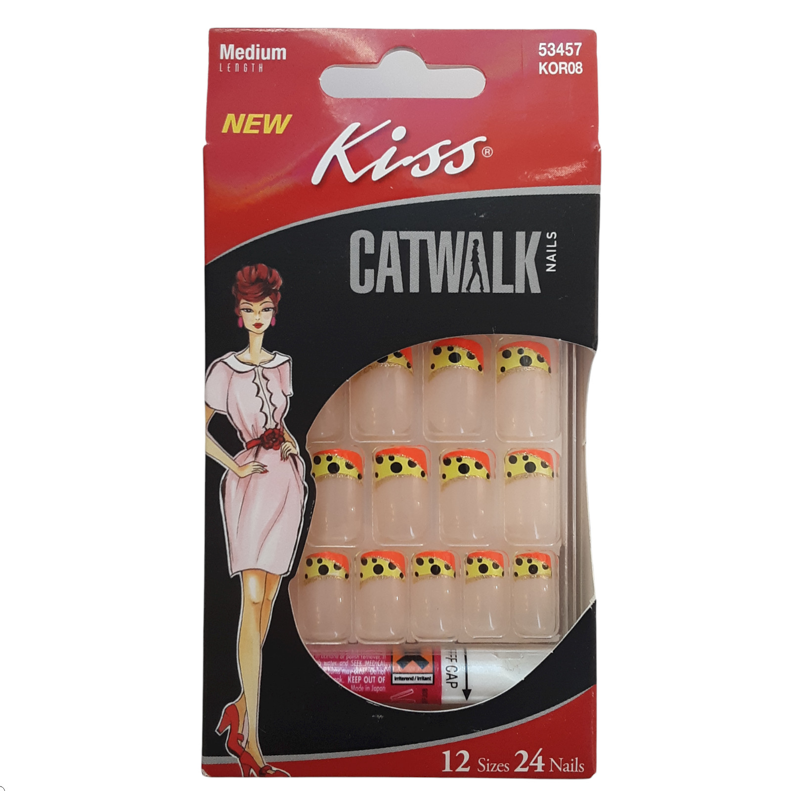 Kiss Catwalk Glue On Nails Yellow Orange With Polka Dots KOR08 Invite Only