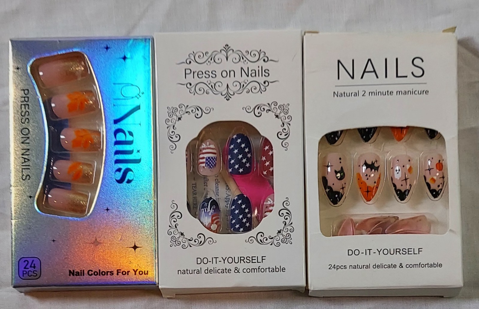 3 Sets Of Holiday Themed Press On Nails 4th Of July, Halloween, Thanksgiving.