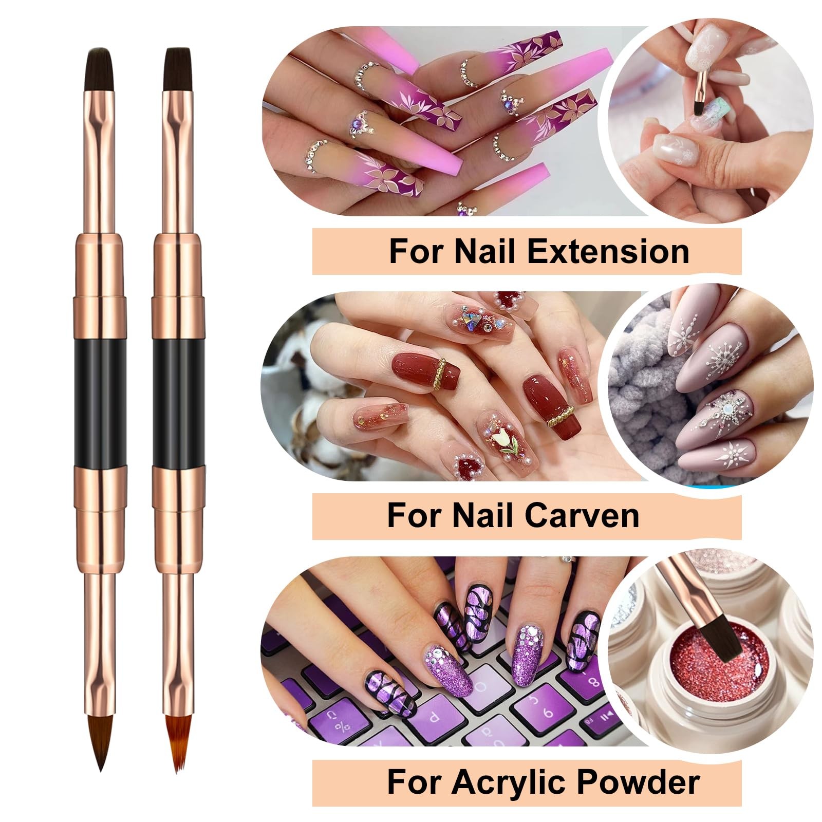 Double-Ended Acrylic Nail Art Liner Brushes, 6Pcs Gel Polish Black