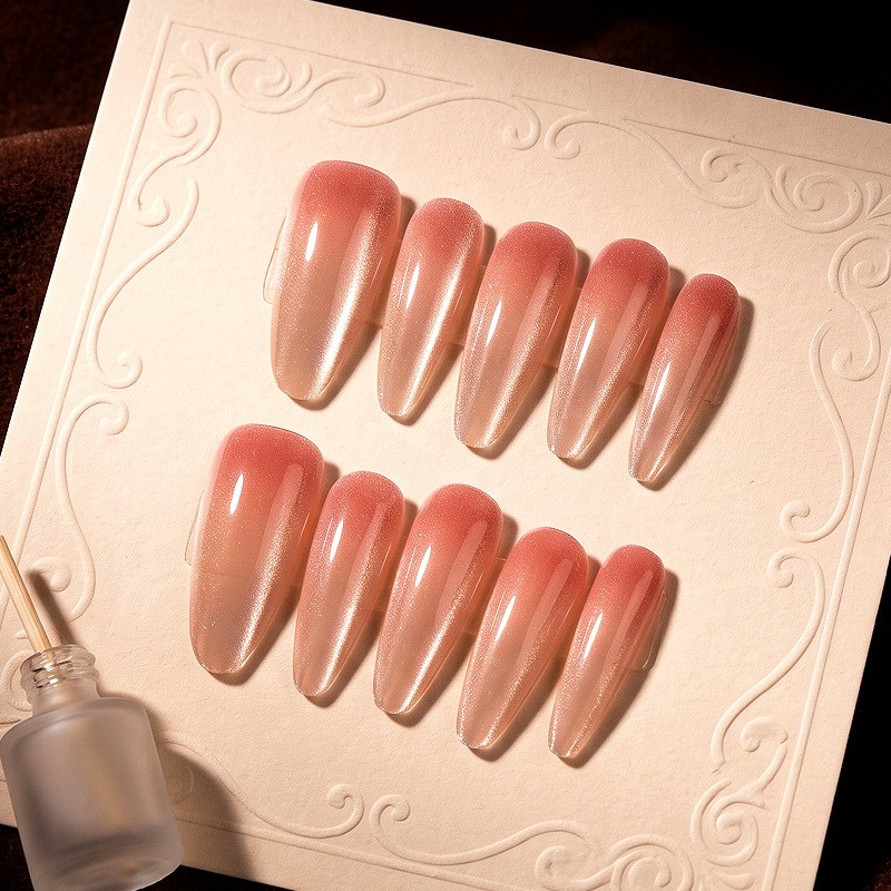 60Pcs Pink Silver Gradient Cat Eye Almond Press on Nails, Glossy Nude Fake Nails