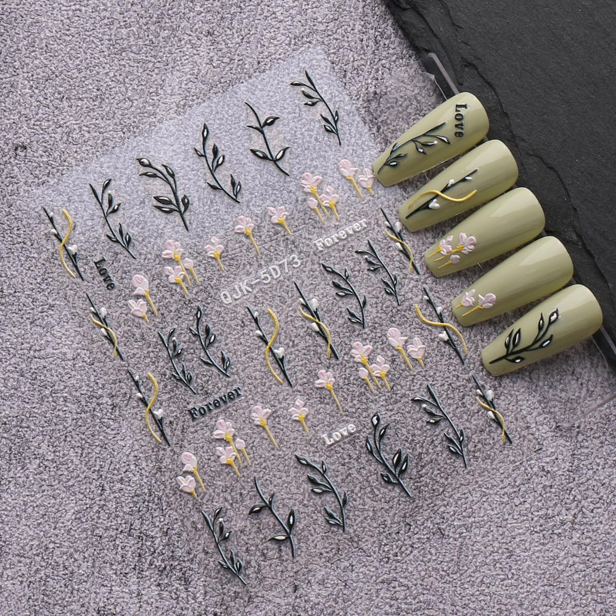 6 Sheets 3D Embossed Spring Flower Nail Art Stickers Decals Self-Adhesive