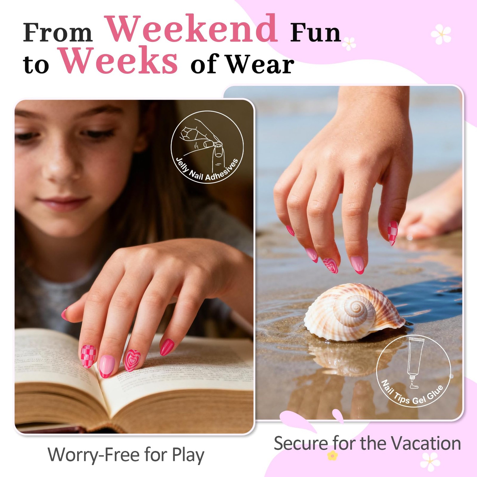QIEK Rose Pink Grid Kids Press On Nails 1 Pack