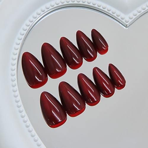 Short Almond Press on Nails Wine Red Fake Nails Glass Bead Cat Eye Almond-06