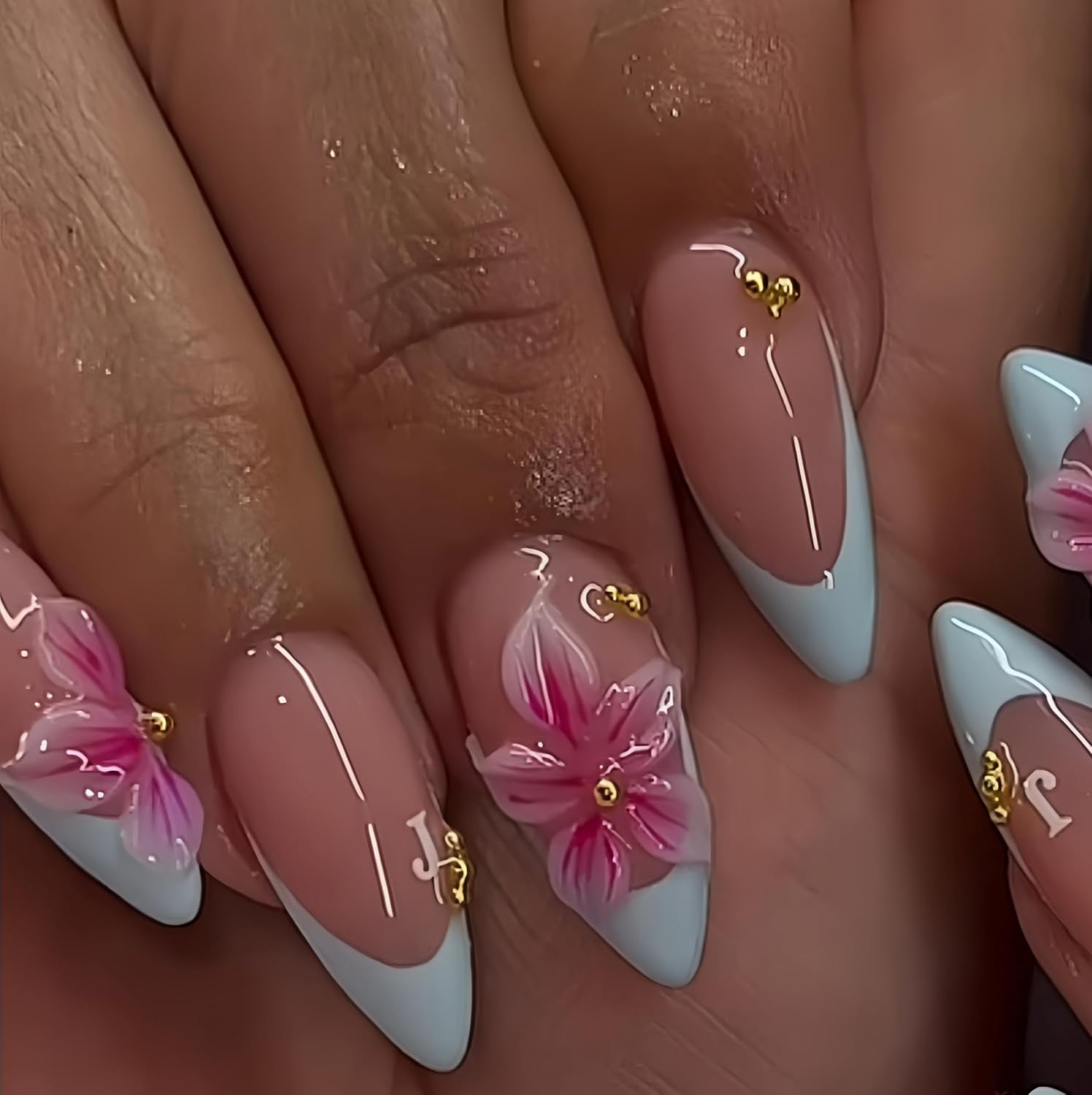 24Pcs Almond Press on Nails 3D Pink Fake Nails Medium Blue French Tip False Nail
