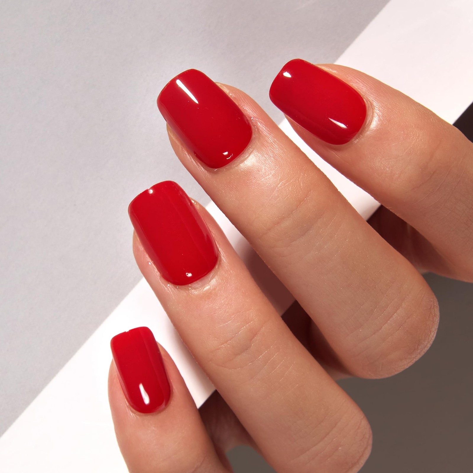 Soft Gel Short Press on Nails – Clear Red Oval Fake Nails Solid Glossy Christ…