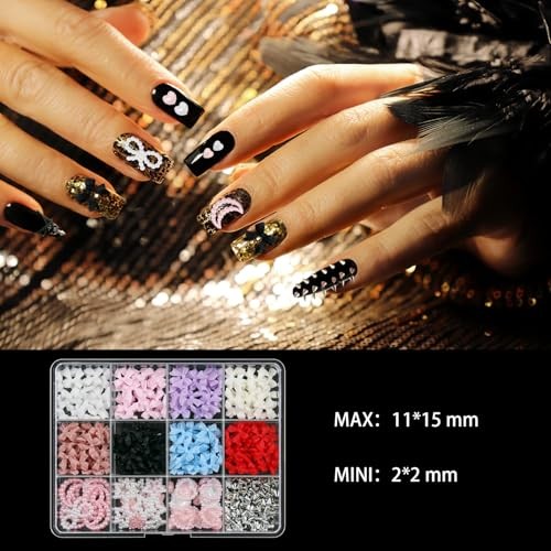Nail Art Studs Kit, 12 grids 8 Colors 3D Charms and Pink Mix White Star Heart
