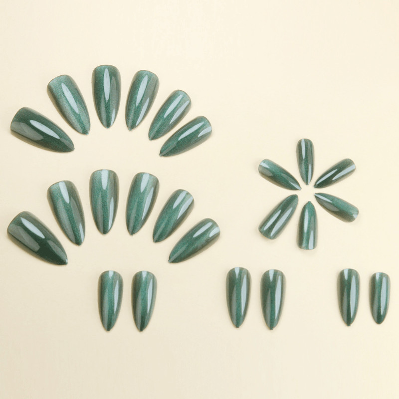 48Pcs-Long Almond Vibrant Teal Green Cat Eye Magnetic Gloss Press on Nails Set