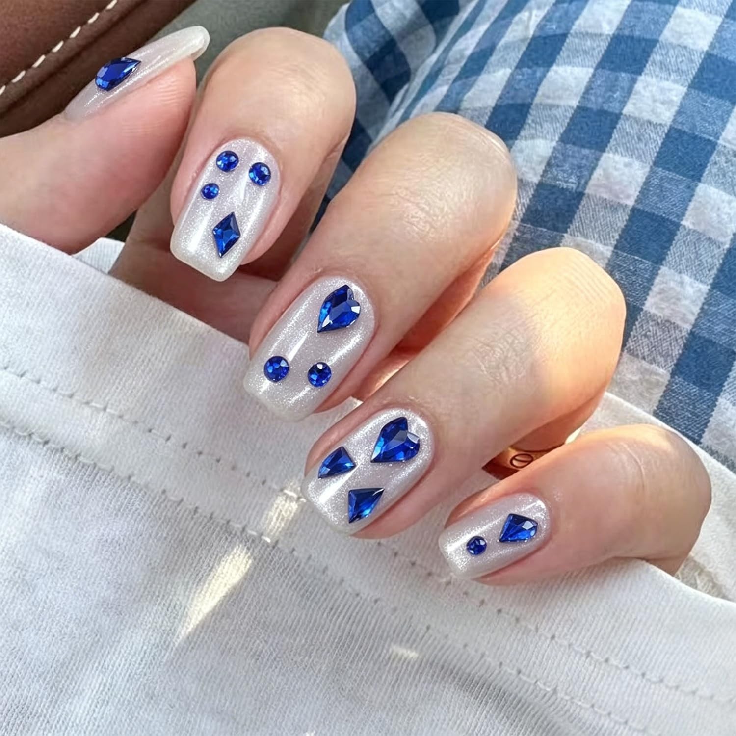 Blue Nail Art Rhinestones: 12 Grids, Multi-Shape, Flatback Gems for Acrylic