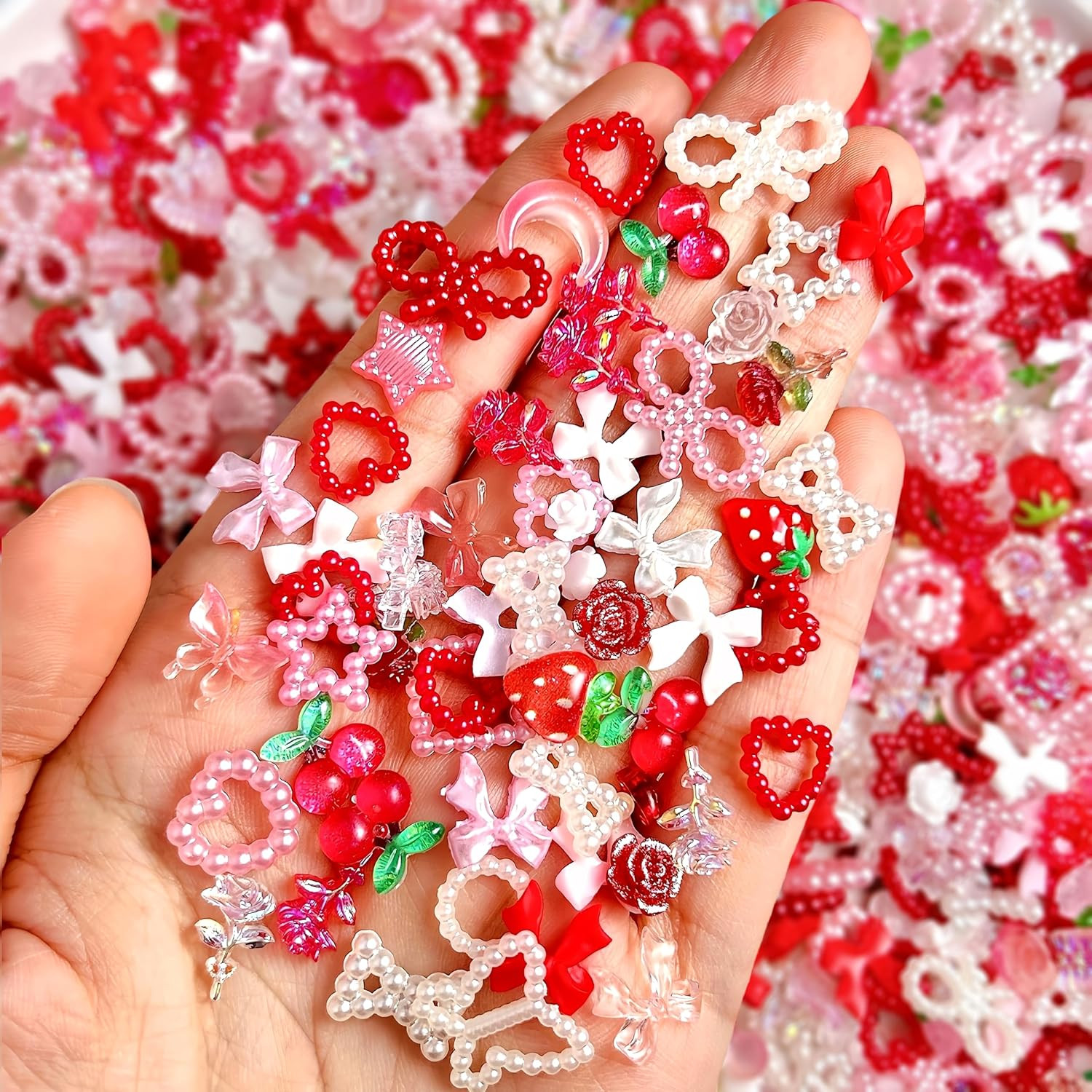 100pcs 3D Pink Red Strawberry Flower Nail Charms Cherry Rose Camellia pink