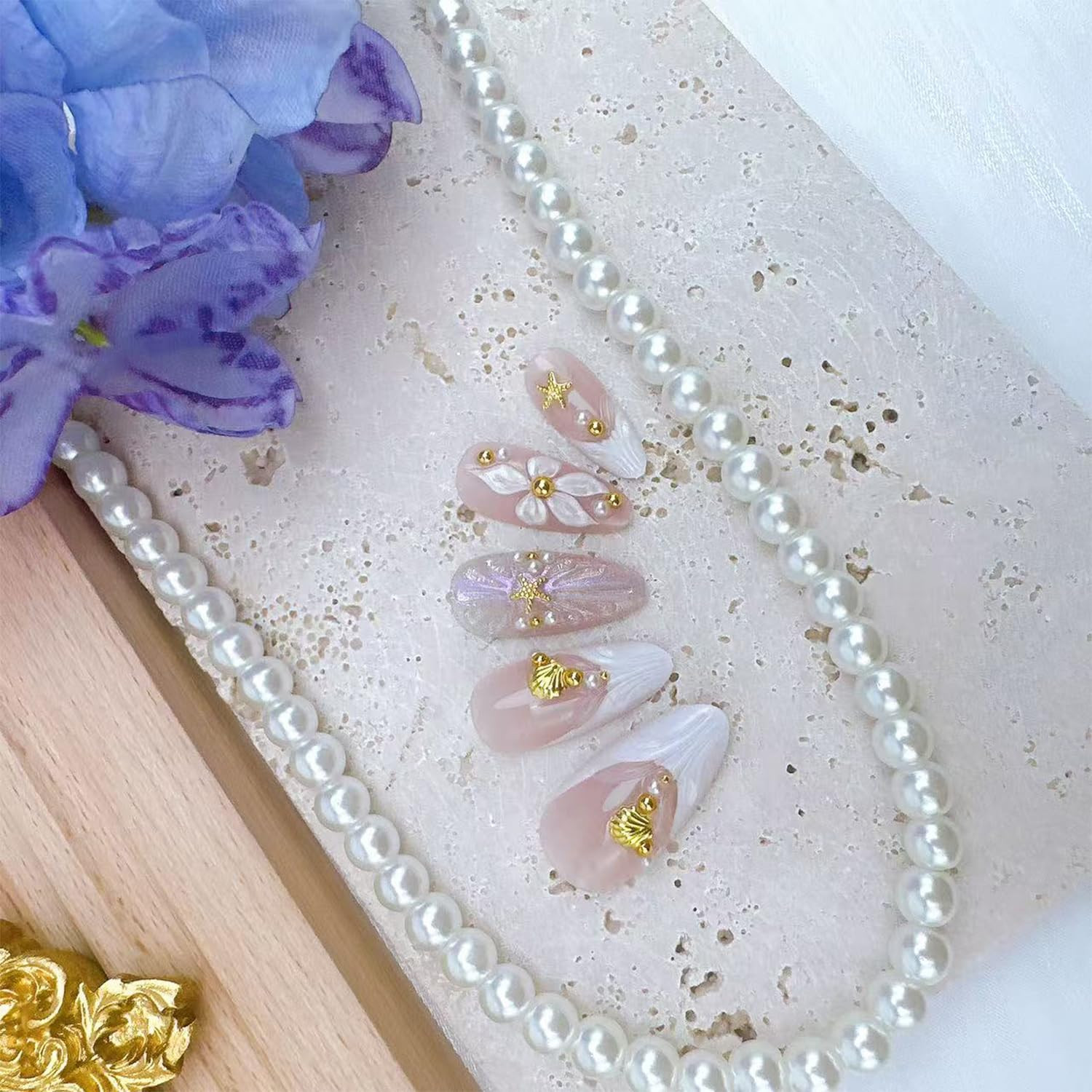24Pcs White French Tip Press on Nails Medium Almond Fake Nails with 3D Floral Go