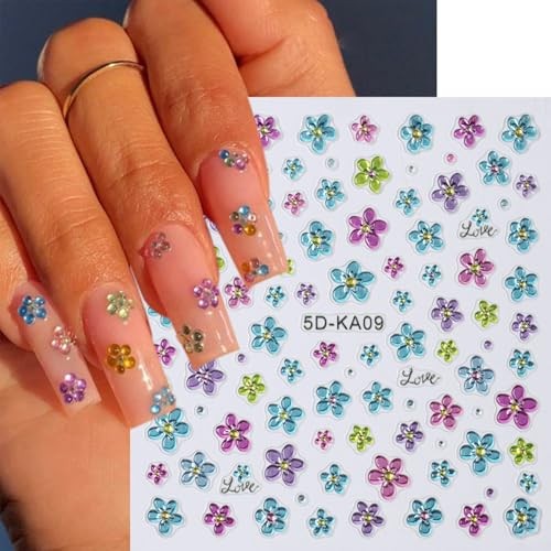3 Sheets Spring Summer Flowers Nail Art Stickers Blue Green Purple Flowers