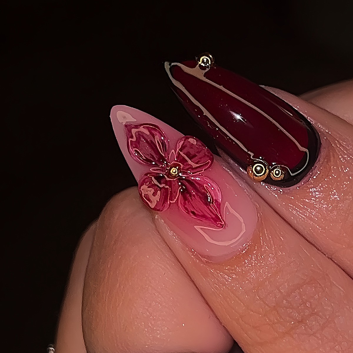 Burgundy 3D Flower Press On Nails, Almond Fake Nails with Charms