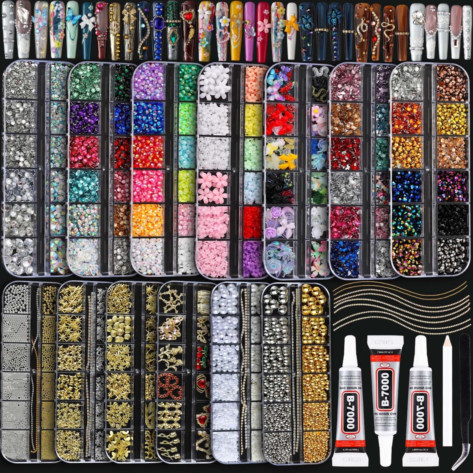 Nail Charms Rhinestones Kit – 18000 Pcs 3D Gold Silver Gems, Cross Crown Pearls