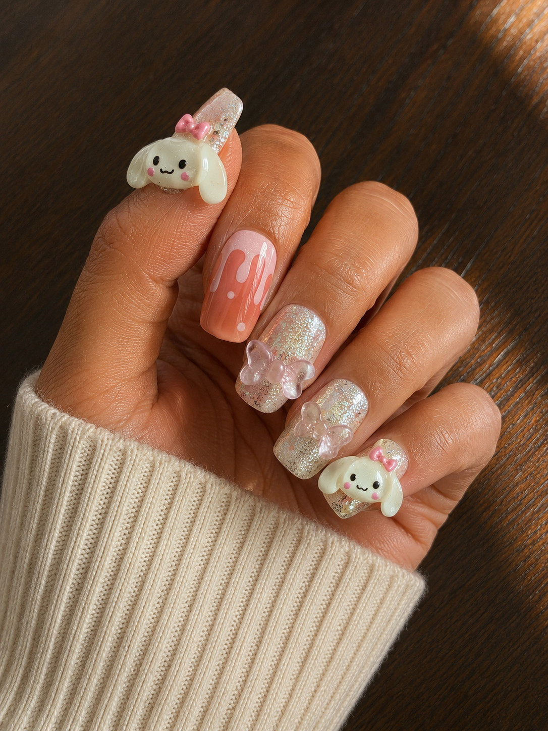 Coquette Bunny Press-On Nails | Pink and Silver| Medium Coffin| 10-Piece Set