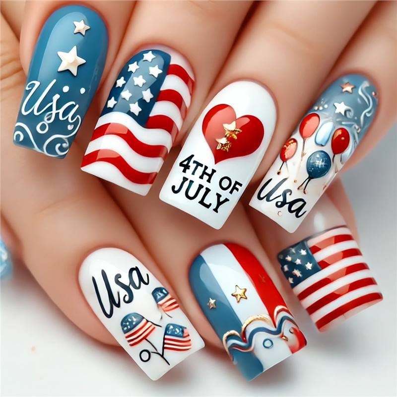 Fashion Striped Love Square Press On Nails Independence Day Style Wholesale
