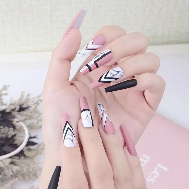 24 Geometric Pink Black White Press on nails glue on Coffin Long extra manicure