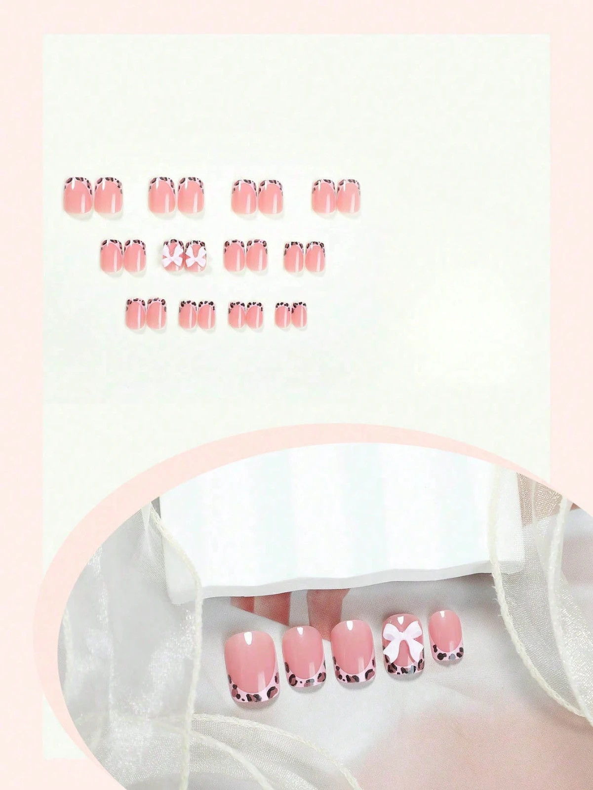 24PCS Y2K Short Square Press On Nails Pink Leopard 3D Bow Glossy Full Cover