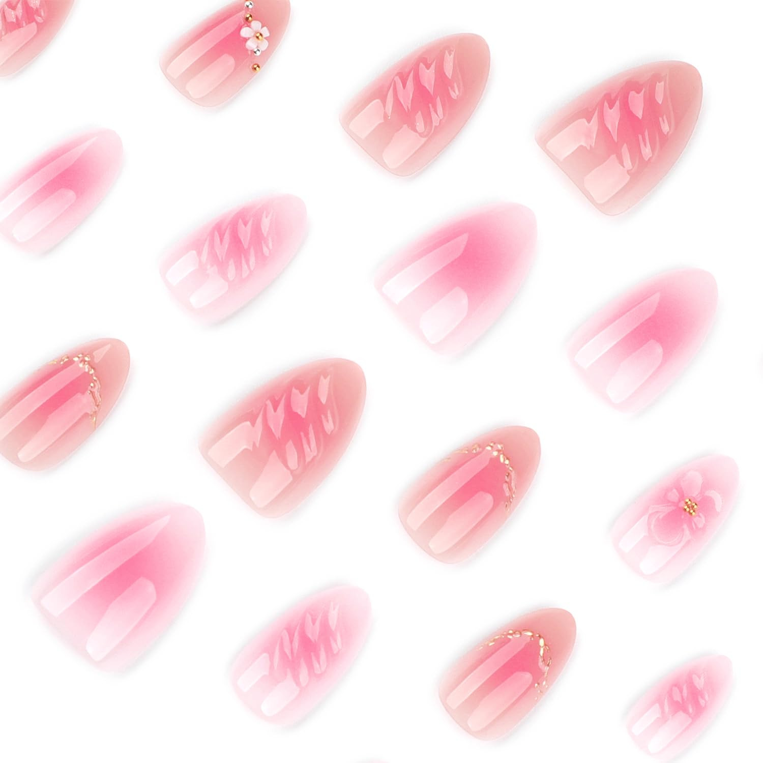 3D Flower Press on Nails Short Almond Fake Nails Pink Spring Nails Press Ons wit