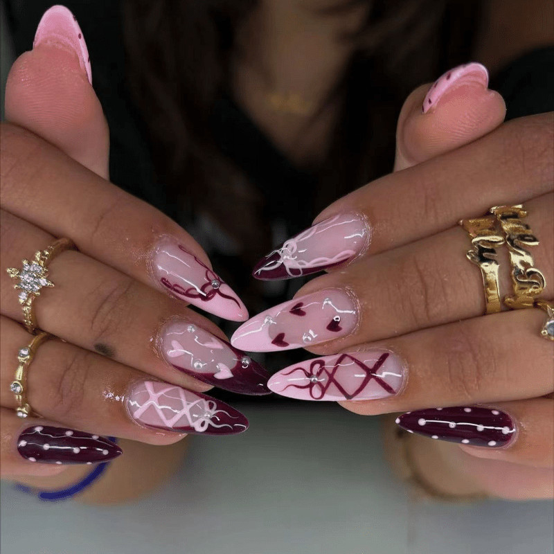 48pcs Almond Press on Nails, Burgundy Pink Heart Lace Hand Drawn Glam Nails