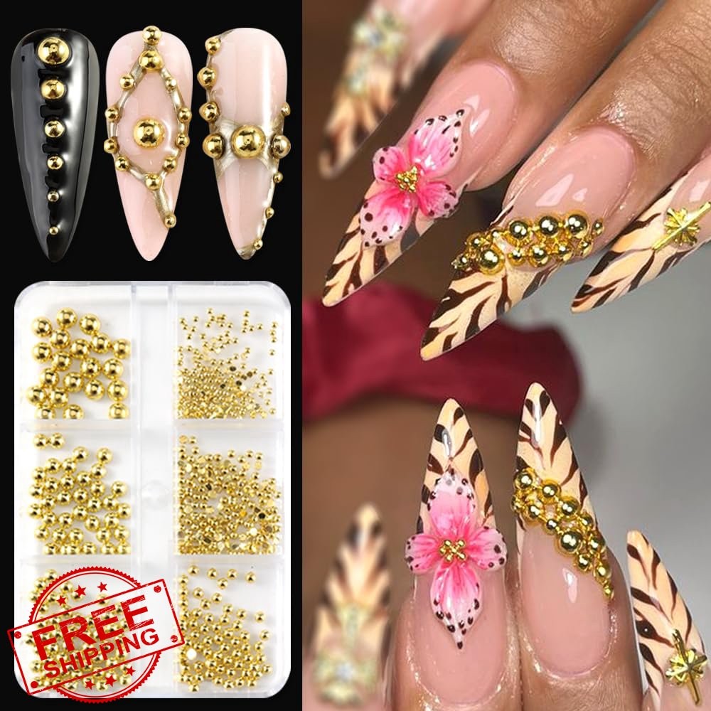 3D Mixed Metal Nail Studs Gold Half Round Beads Caviar Ball Charms DIY