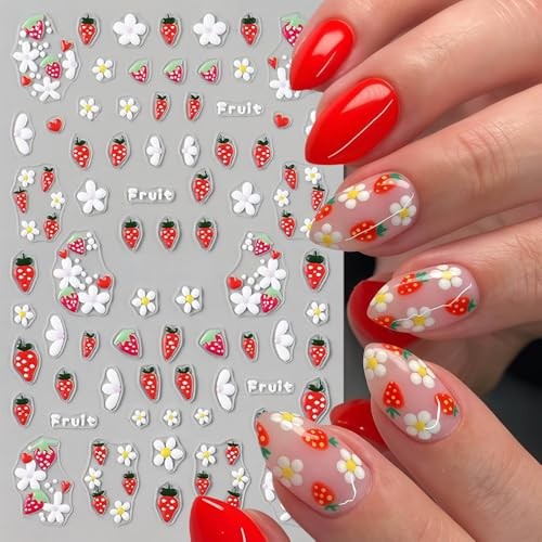 4Pcs Flower Nail Art Stickers Decals 5D Embossed Floral Strawberry strawberry