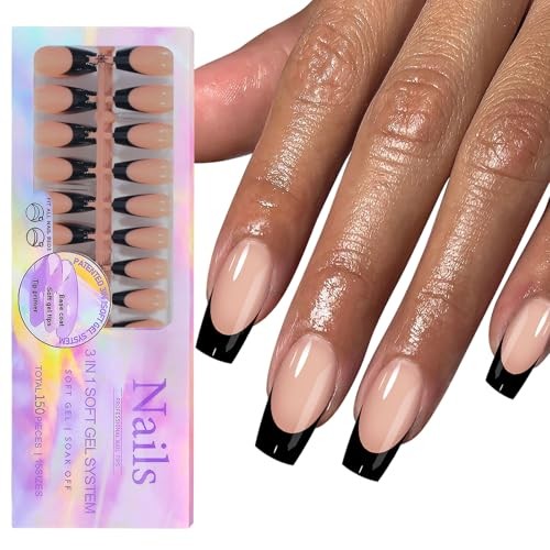 150Pcs Black French Tip Press on Nails Medium Coffin Fake Nails 0812 0812-011