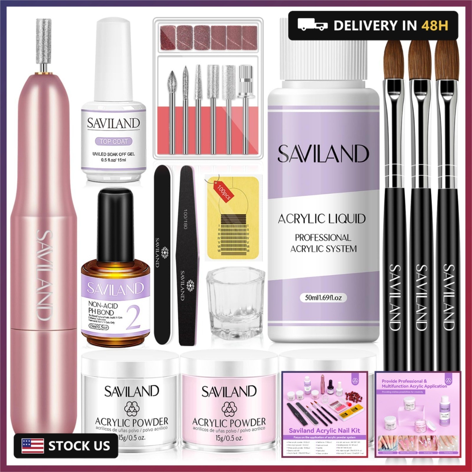 SAVILAND Acrylic Nail Kit with Drill: 15g White Pink Clear Acrylic Powder and Li