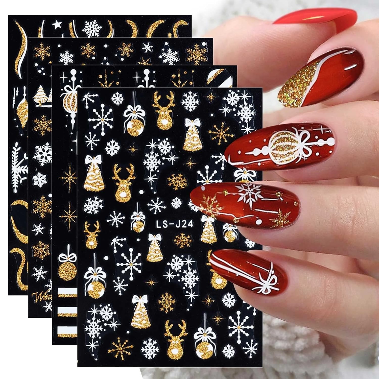 8 Sheets Glitter Christmas Nail Art Stickers Decals Self-Adhesive Holiday Gol…